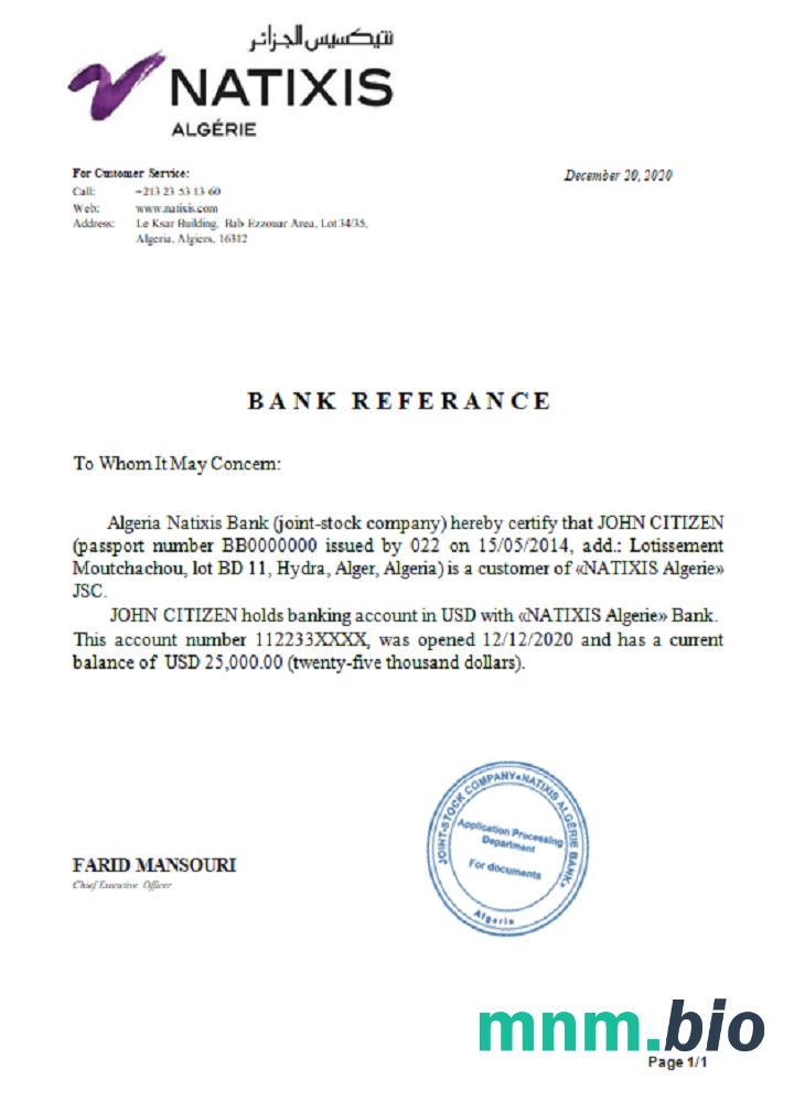 Algeria Natixis Algerie Bank przykład odniesienia w formatach Word i PDF